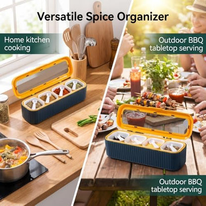 Clear Seasoning Box, 4PCS Seasoning Rack Spice Pots, Storage Container Condiment Jars Seasoning Box with Clear Covers and Spoons for Spice, Sugar, Salt, Pepper, Garlic Powder (Blue)
