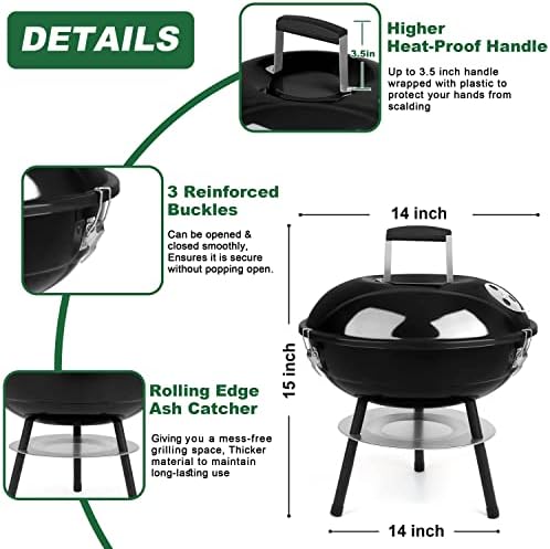 14 inch Charcoal Grill, Joyfair Small Portable Camping BBQ Kettle Grill
