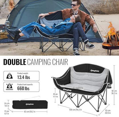 KingCamp Double Camping Chair, Oversized Heavy Duty 660lbs Loveseat for Adults Portable Folding XL 2 Person Couch Padded Comfortable Two Seat with Cup Holder for Outdoor Lawn Backyard, Black/Grey