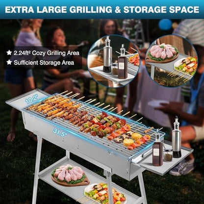 IRONWALLS 32" Portable Charcoal Grill Outdoor Cooking with Storage Shelf