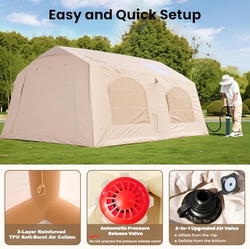 Inflatable Tents for Camping, Large Blow Up Tent with Hand Pump, Easy Setup InflatableTent 4 Season Tent, Waterproof Oxford Air Glamping Tents for Camping Adult 4/6/8/10/12 Person