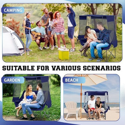 Teenyyou Double Camping Chair with Canopy 660lbs Heavy Duty, Blue and Grey
