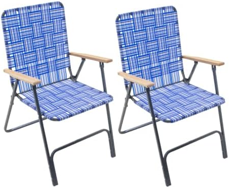 Camp & GO Steel Folding Grey Outdoor Patio/Camping Chair with Blue Woven Fabric and Arm Rests (Pack of 2)