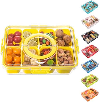 Dingerjar Divided Serving Tray with Lid and Handle - Snackle Box Charcuterie Container for Portable Snack Platters Organizer for Candy, Fruits, Nuts, Snacks - Perfect for Party, Entertaining, Yellow