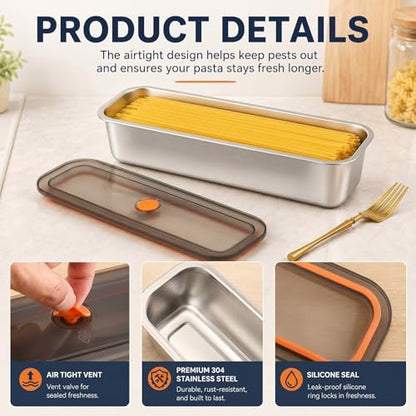 3pcs Stainless Steel Pasta Storage Containers Set with Labels and Marker, Stainless Steel Spaghetti Canisters for Pasta organizer,. Upgraded Airtight Food Containers 1.4L