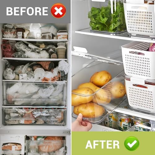 LUXEAR 4 Pack Fruit Vegetable Containers for Fridge, Produce Saver Container with Lids &Removable Colander BPA-free Refrigerator Storage Organizer for Fruit Vegetable, Berry, Meat keep Fresh Longer