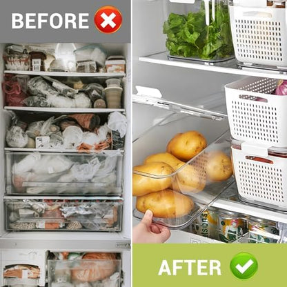 LUXEAR 4 Pack Fruit Vegetable Containers for Fridge, Produce Saver Container with Lids &Removable Colander BPA-free Refrigerator Storage Organizer for Fruit Vegetable, Berry, Meat keep Fresh Longer