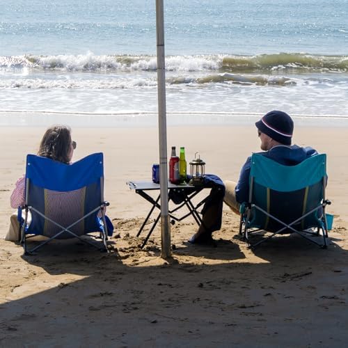 Romswi Low Beach Chairs for Adults 2 Pack, Lightweight Folding Sand Chairs with Breathable Mesh Back & Cup Holder, Portable Compact Camping Chairs, 300lbs Capacity,Green
