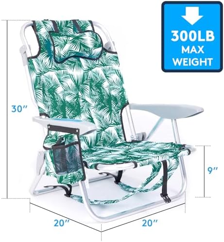 2 Pack Lightweight Portable Camping Beach Chair for Adults, Outdoor Lay Flat Folding Beach Chairs with 5 Positions, Backpack Beach Chair with Towel Bar, Zipper Pouch, Cup Holder, Green Leaves