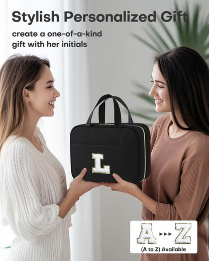 HOTOR Travel Toiletry Bag - Personalized Chenille Initial Makeup Bag, Water-Resistant Personalized Gifts for Women, Portable Travel Accessories & Essentials, Letter L, Black, 11.4"×9.0"×3.35"