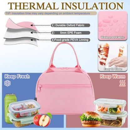 FlowFly Lunch Bag Tote Bag Lunch Organizer Lunch Holder Insulated Lunch Cooler Bag for Women/Men,Pink, LB002-PK07