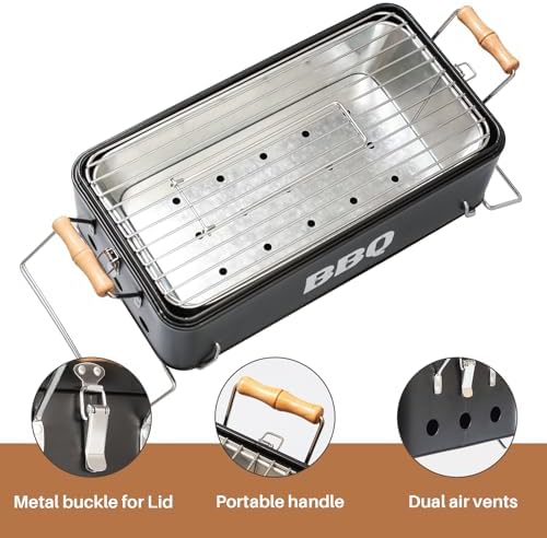 Tabletop Charcoal Grill with Locking Lid & Handles, 16.5" x 9" Travel Size