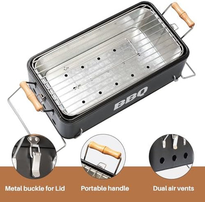 Tabletop Charcoal Grill with Locking Lid & Handles, 16.5" x 9" Travel Size