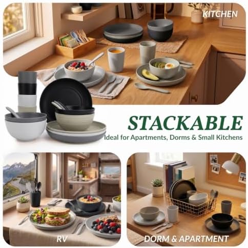 Homienly Wheat Straw Dinnerware Sets 20 PCS Unbreakable Plates and Bowls Set Microwave & Dishwasher Safe Dishes Set for 4 Kitchen Plate Set Party, Camping, RV, Picnic, Apartment-Black Grey