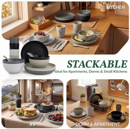 Homienly Wheat Straw Dinnerware Sets 20 PCS Unbreakable Plates and Bowls Set Microwave & Dishwasher Safe Dishes Set for 4 Kitchen Plate Set Party, Camping, RV, Picnic, Apartment-Black Grey