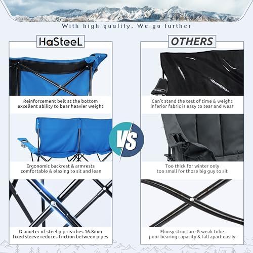 HaSteeL Folding Camping Chair, Double Seat Foldable Camp Chair for 2 Persons, Portable & Large for Outdoor Fishing, Hiking, Travel, Picnic, Beach, Lawn, Patio, Include Storage Bag (Blue)