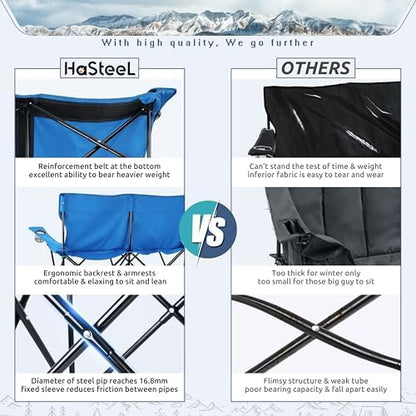 HaSteeL Folding Camping Chair, Double Seat Foldable Camp Chair for 2 Persons, Portable & Large for Outdoor Fishing, Hiking, Travel, Picnic, Beach, Lawn, Patio, Include Storage Bag (Blue)