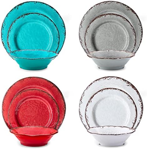 LEHAHA Rustic Melamine Dinnerware Set, 12 Piece Plate and Bowls Set for 4