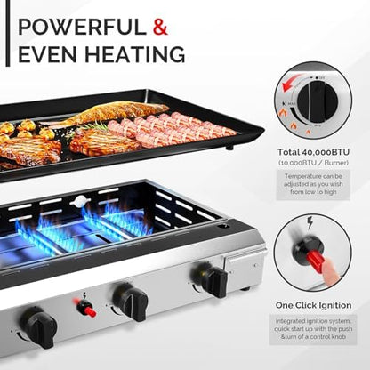 ROVSUN 4 Burner Portable Propane Griddle with Nonstick Enameled Tray, 40000 BTU Rolling Flat Top Gas Grill with Electronic Ignition, Side Shelves & Regulator for Outdoor Cooking Camping BBQ Tailgating
