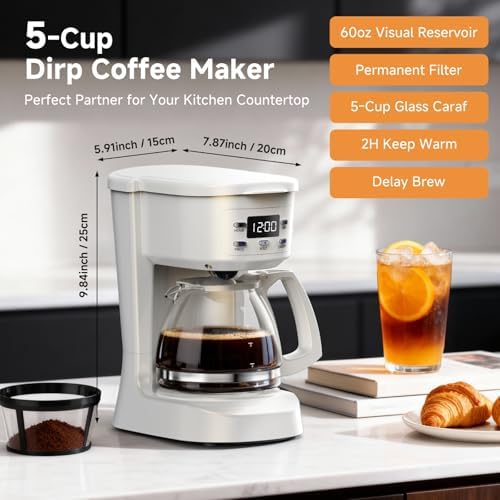 Coffee Maker, 5 Cup Programmable Drip Coffee Machine-White
