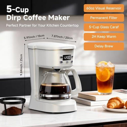 Coffee Maker, 5 Cup Programmable Drip Coffee Machine-White