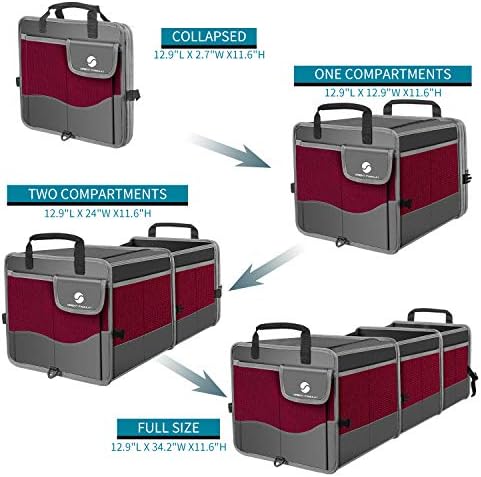 Trunk Organizer with Cooler, Collapsible Trunk Storage Container with Non Slip Bottom Strips, Large Multi-Compartment Waterproof Car Trunk Organizer Groceries for Vehicle Sedan, SUV, Van(Wine Red)