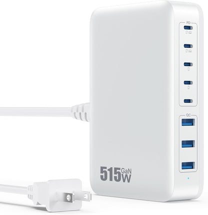USB C Charger Block 515W[2025 Upgraded] GaN IV 8 Port Fast Charging Station Hub,Dual PD 100W USB C Laptop Charger Compatible with MacBook Pro/Air,iPad,iPhone 16/15,Galaxy S23/S24 Steam Deck Dell XPS