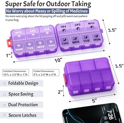 Foldable Portable 7 Day Pill Organizer 2 Times a Day, AM PM Weekly Pill Box