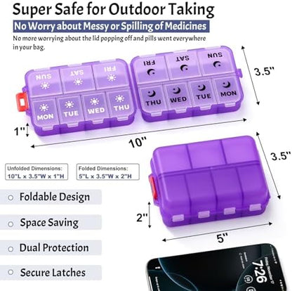 Foldable Portable 7 Day Pill Organizer 2 Times a Day, AM PM Weekly Pill Box