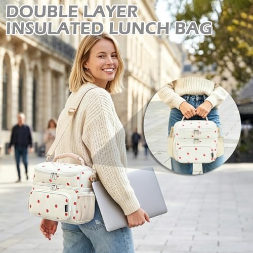 FlowFly Double Layer Cooler Insulated Lunch Bag Adult Lunch Box Large Tote Bag for Men, Women, With Adjustable Strap,Front Pocket and Dual Large Mesh Side Pockets