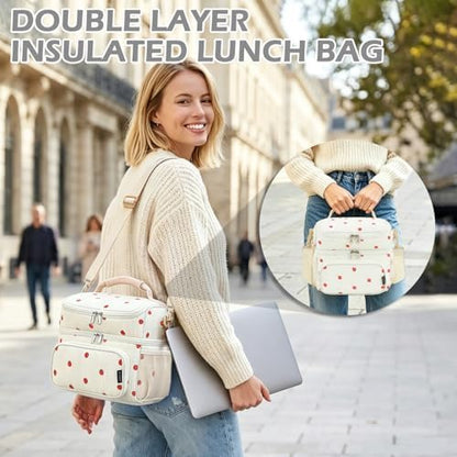 FlowFly Double Layer Cooler Insulated Lunch Bag Adult Lunch Box Large Tote Bag for Men, Women, With Adjustable Strap,Front Pocket and Dual Large Mesh Side Pockets