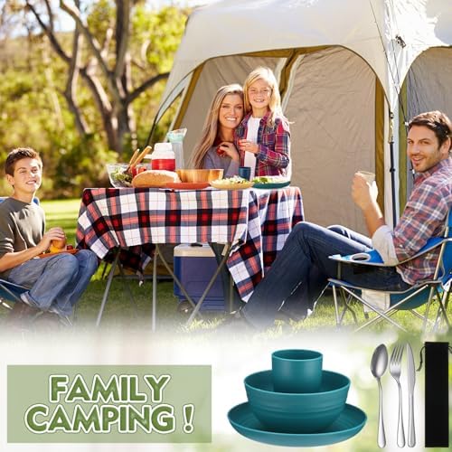 Teenyyou 4 Sets Camping Mess Kits for 4 Person Camping Silverware Set Include Cup, Bowl, Plate, Knife, Spoon, Fork Cutlery Set Unbreakable Wheat Straw Dinnerware Utensils for Travel