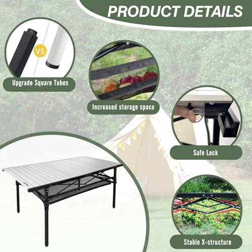 Large Folding Camping Table Aluminum with Storage for 4-6 People 55"X27.5" Roll Up Tall Outdoor Portable Table Lightweight with Carry Bag for Picnic BBQ Backyard Beach