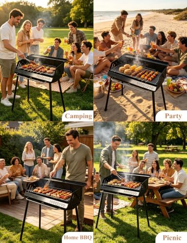 Vertical Folding BBQ Grill, Charcoal Grill with Enameled Charcoal Pan, Chrome-Plated Cooking Grid, High Stand Up Design, Portable Outdoor Barbecue for Camping Backyard Patio 4-8 Persons