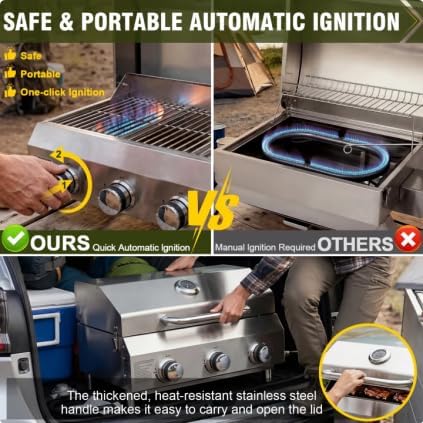Bestfire 3-Burner Tabletop Gas Grill, 30,000 BTU Portable Propane Grill, Heavy-Duty Thickened Stainless Steel Grates & Knobs, Compact & Detachable Legs for Camping, RV&BBQ