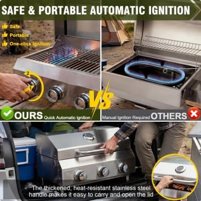 Bestfire 3-Burner Tabletop Gas Grill, 30,000 BTU Portable Propane Grill, Heavy-Duty Thickened Stainless Steel Grates & Knobs, Compact & Detachable Legs for Camping, RV&BBQ