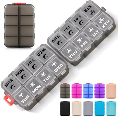 Foldable Portable 7 Day Pill Organizer 2 Times a Day, AM PM Weekly Pill Box