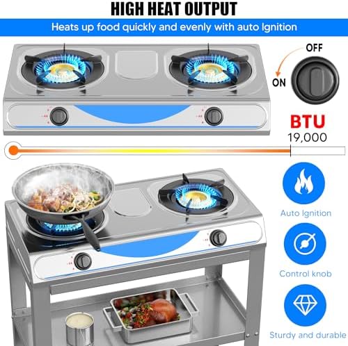 Propane Gas Stove,2 Burner Propane Burner, with Removable Leg,Auto Ignition Camping Stove,Portable Gas Stove for RV, Apartment, Outdoor