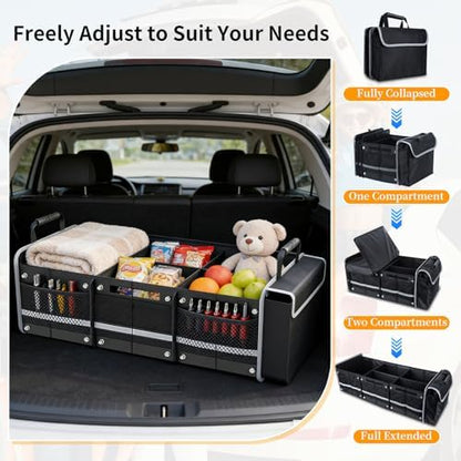 Car Trunk Organizer with Cooler Bag, Collapsible Multi-Compartment Storage Organizer for SUV Truck (Black)