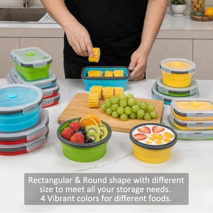 Collapsible Food Storage Containers with Lid & Air Vent, 16 Pack, 8 Rectangular + 8 Round, Annaklin Foldable Silicone Lunch Containers Collapsible Bowls Set, Microwave Freezer Dishwasher Safe, 4-Color