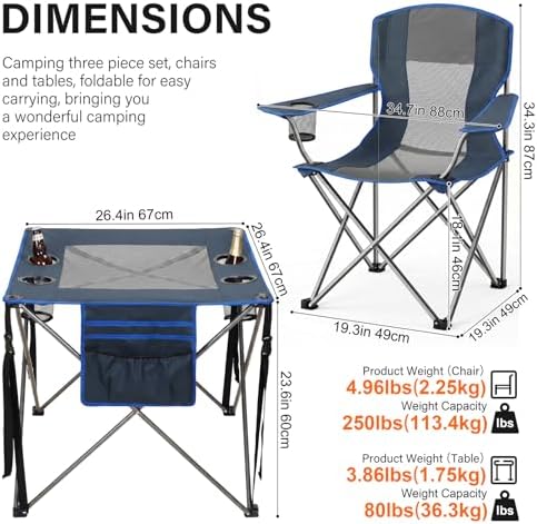 Camping Chair Set of 3,Outdoor Folding Camping Chairs with Cup Holder & Carry Bag for Sports,Hiking,Picnic,Includes Two Foldable,Breathable Camping Chair and a Larger Table Support up to 250lbs
