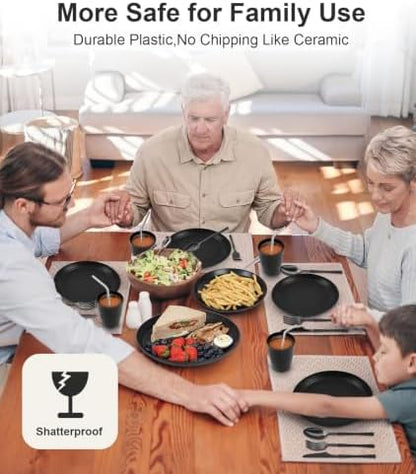 Quatish 48 Piece Plastic Plates and Bowls Sets for 6, Dinnerware Set Black