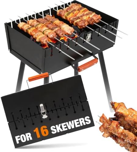 Portable Mangal Grill, Foldable Heavy Duty Charcoal BBQ Grill for Kabob, Kebab and Shashlik, Compact Case Design Tool-Free Assembly Outdoor Grill for Backyard Camping Travel and Hiking
