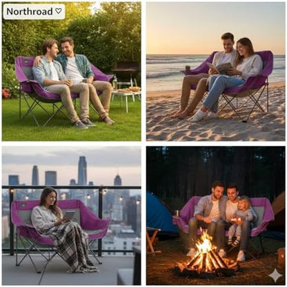 Northroad Folding Loveseat Camping Chair Portable Double Duo Full Padded Garden Chair for 2 Person Sofa w/ 2 Cup Holder,Wine Glass Holder,Mesh Storage,Support 500lbs for Picnic Beach Travel (Purple)