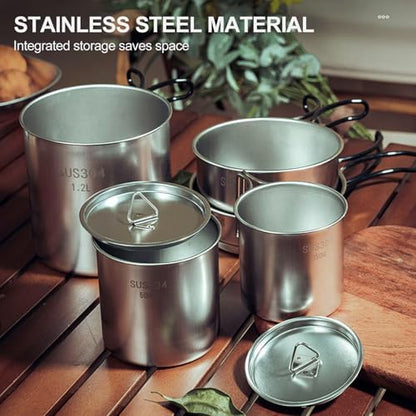 Stainless Steel Camping Cookware Mess Kit - Portable Backpacking Cooking Set with Pot/Plates/Cups & Storage Bag, Outdoor Cookware for Hiking, Picnic, Camping & Backpacking Adventures（8PCS）