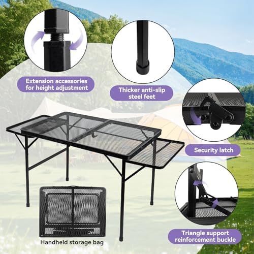 BRIAN & DANY 3x2 FT Camping Table with 2 Wing Panels, Folding Grill Table, Metal Portable Picnic Table, Lightweight Height Adjustable Foldable Table for Outdoor, Black