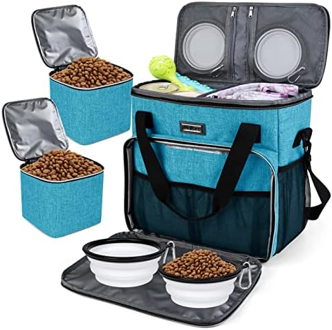 BAGLHER Dog Travel Bag, Pet Travel Bag (ALL Pet Travel Supplies), With 2 Pet Food Containers and 2 Collapsible Silicone Bowls; Essential Kits for Pet Travel Sky Blue