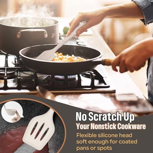E-far Silicone Cooking Utensils Set, 7-Piece Khaki Heat Resistant Kitchen Utensils Set, Kitchen Nonstick Tools Spatula Ladle Spoon Pasta Server for Non-stick Cookware, Non-Toxic & Dishwasher safe