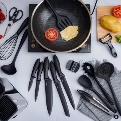 RAXCO Kitchen Utensils Set,18-Piece Cooking Utensils and Knife Set,Black
