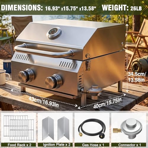 Bestfire 2-Burner Tabletop Propane Gas Grill, Dual Connections, 20,000 BTU Stainless Steel Portable Grill, Fits Large Gas Cylinders/Small Canisters, for Camping, RV, Outdoor BBQ